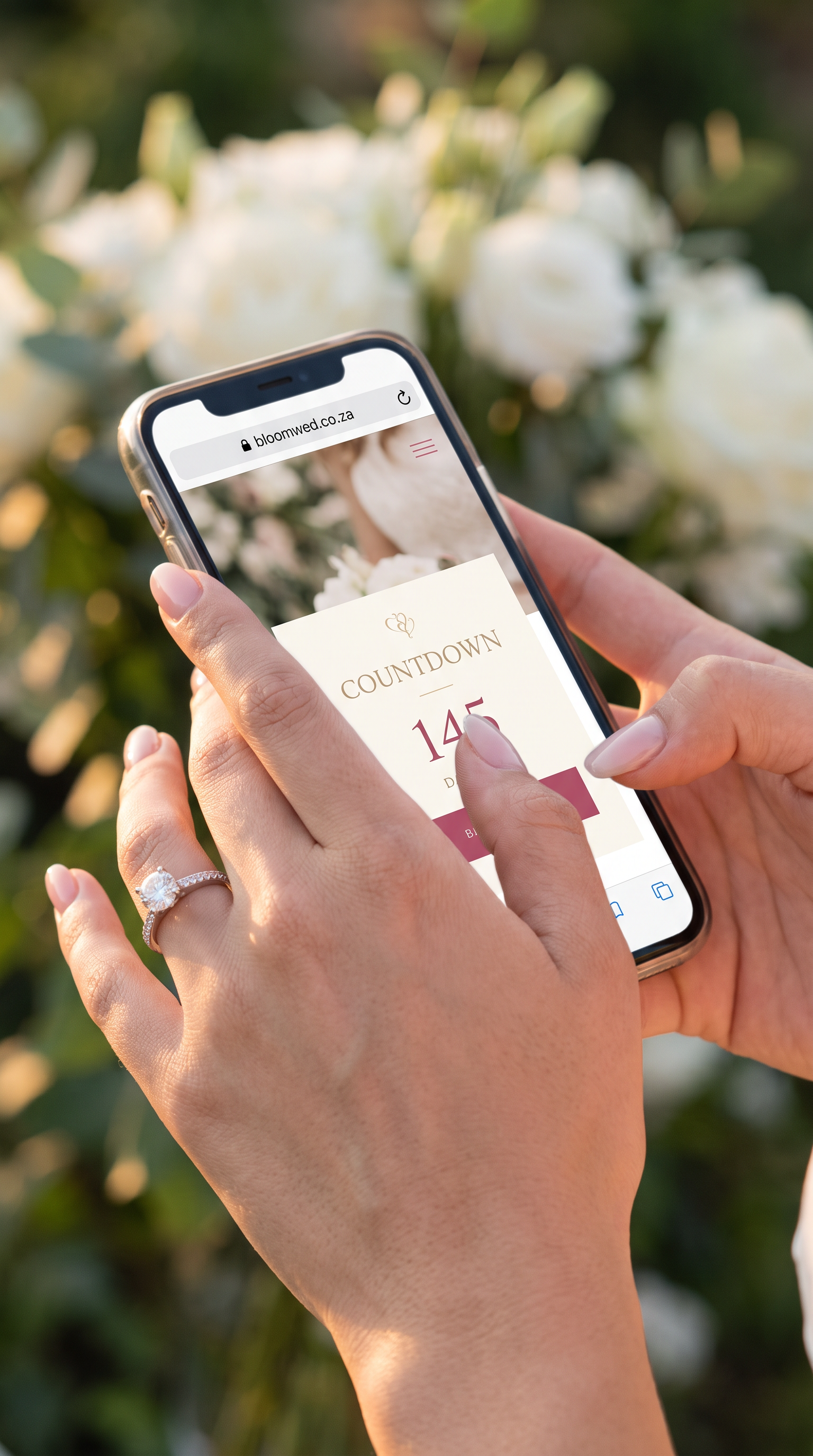 A phone showing a BloomWed wedding website, held in someone's hands